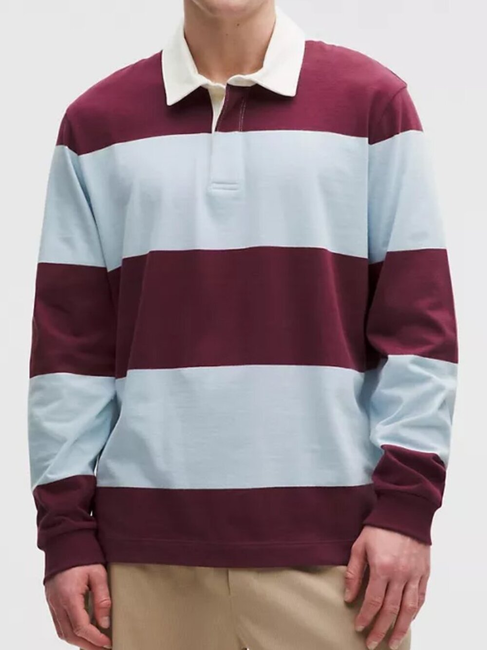 NWT Lululemon Men's Long-Sleeve Cotton Rugby Shirt Stripe Burgundy, Size M, $118